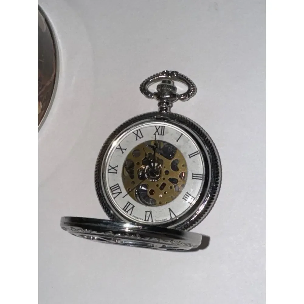 Kansas City Railroad Skeleton Pocket Watch Silver Tone Roman Numeral With‎ Tin
